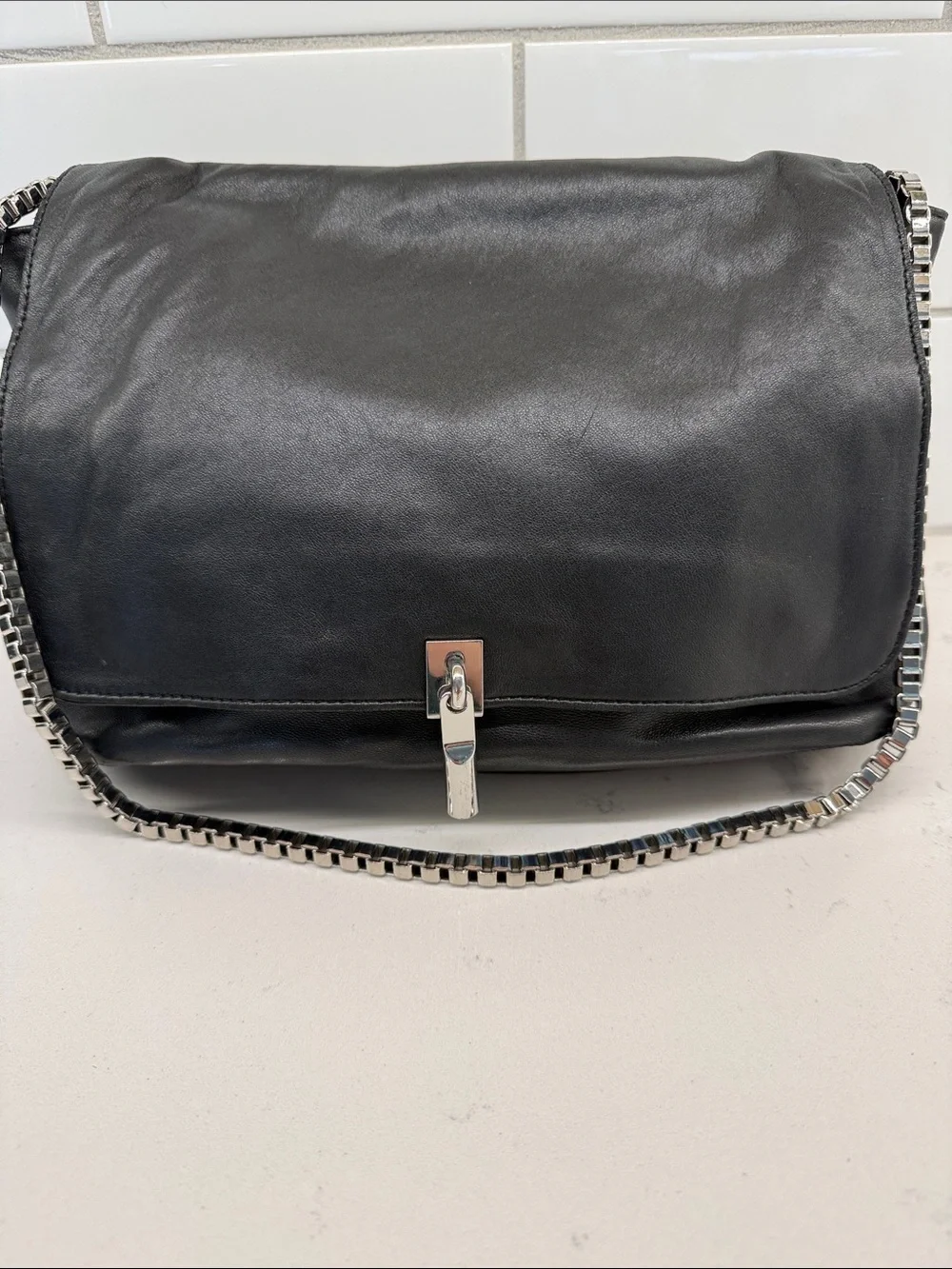Elizabeth and James Black Leather Shoulder Bag with Silver Chain Strap